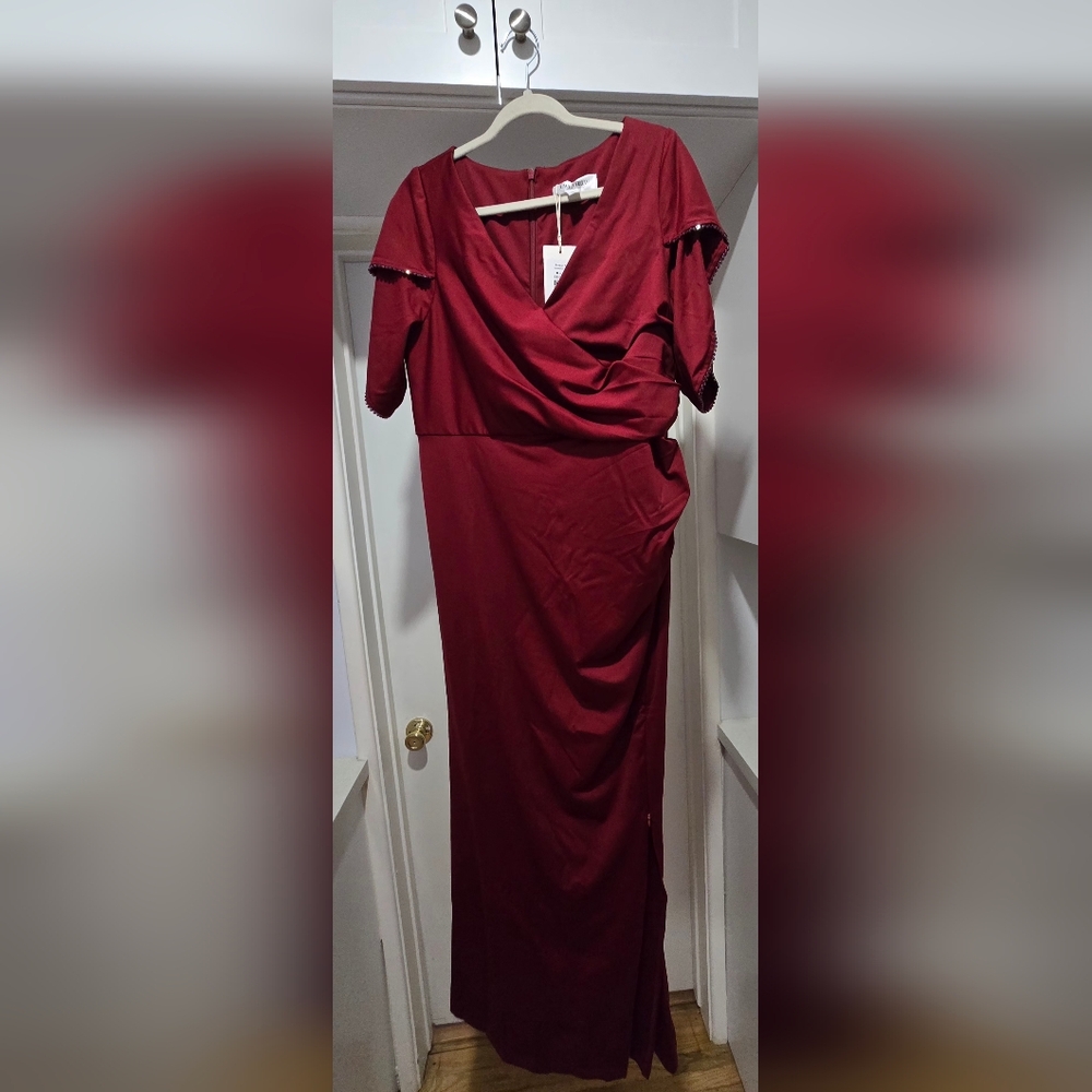 Burgundy V-Neck Maxi Dress, Tulip Sleeves, Adjustable Side Slit Sz 16 - Picture 14 of 14